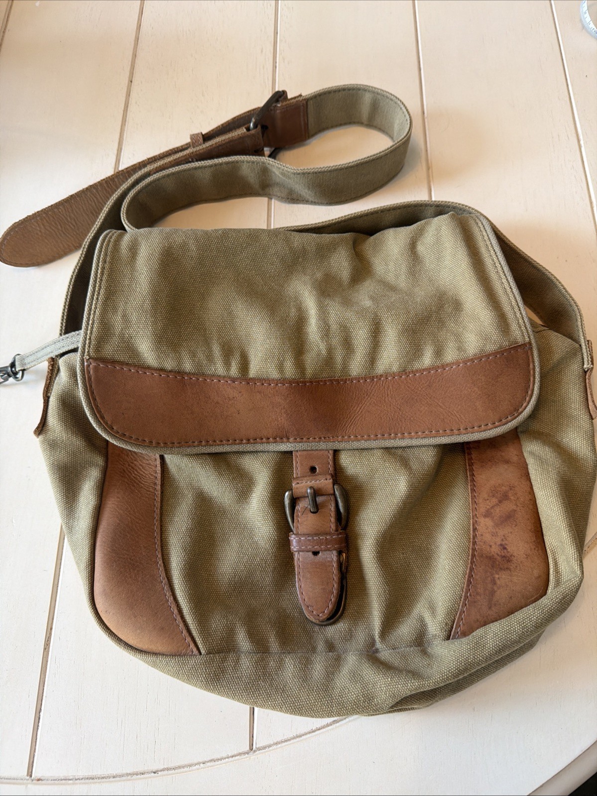LL Bean Leather Canvas Crossbody Messenger Bag Flap Distressed Field Purse