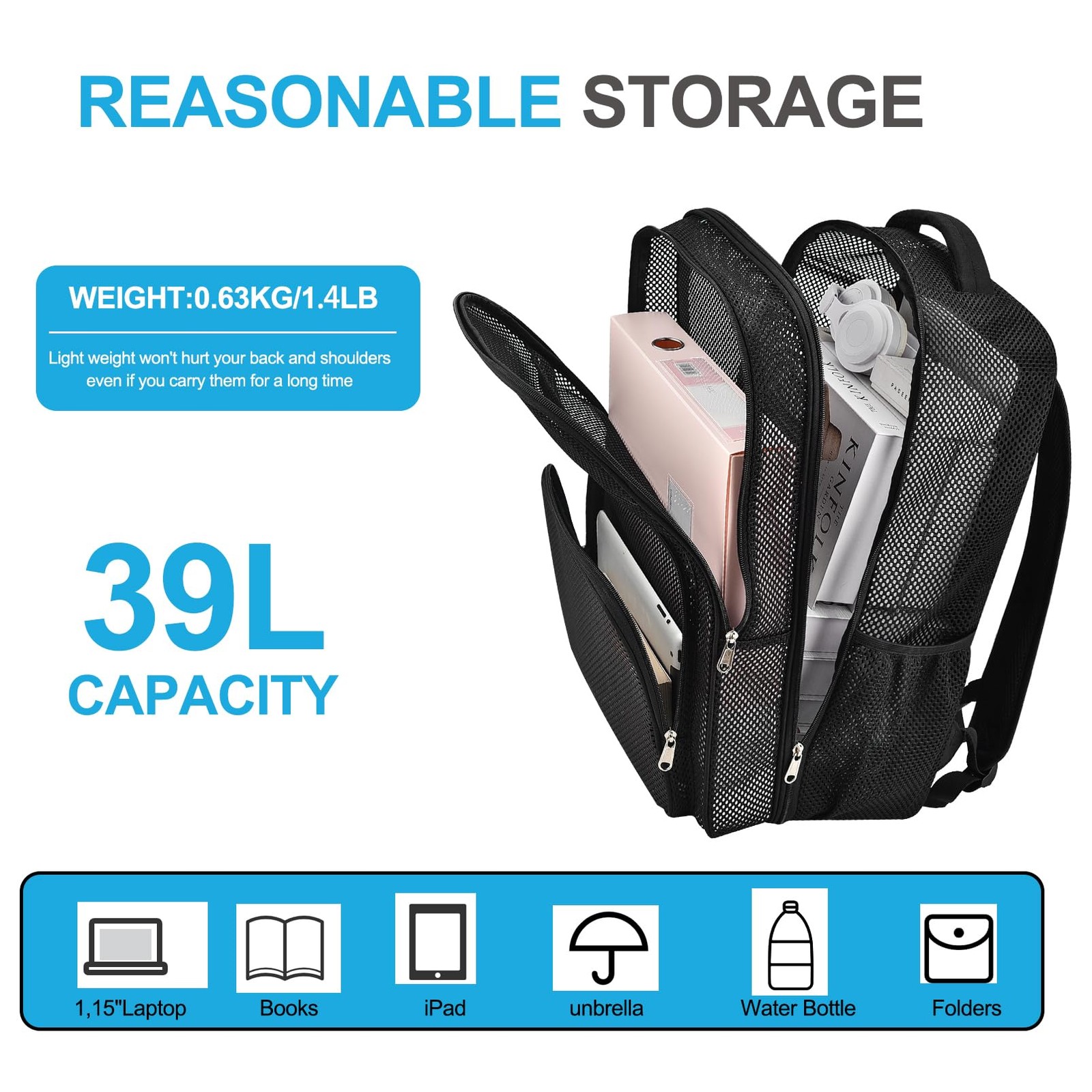 Heavy Duty Mesh Backpack 19 Inch Large Black School Work Travel Daybag