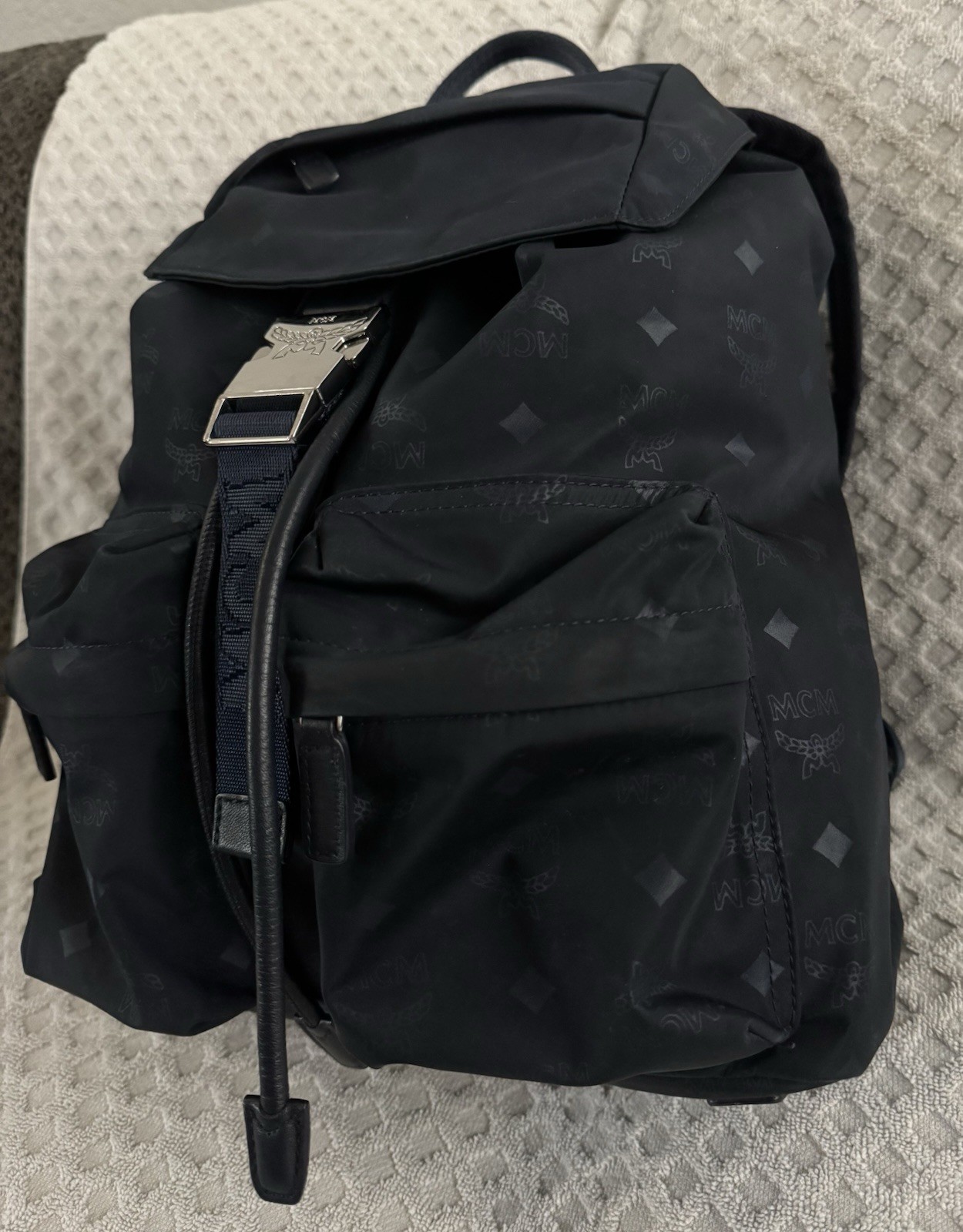 MCM Dieter Two Pocket Monogram Visetos Nylon Leather Flap Backpack Navy Blue Bag