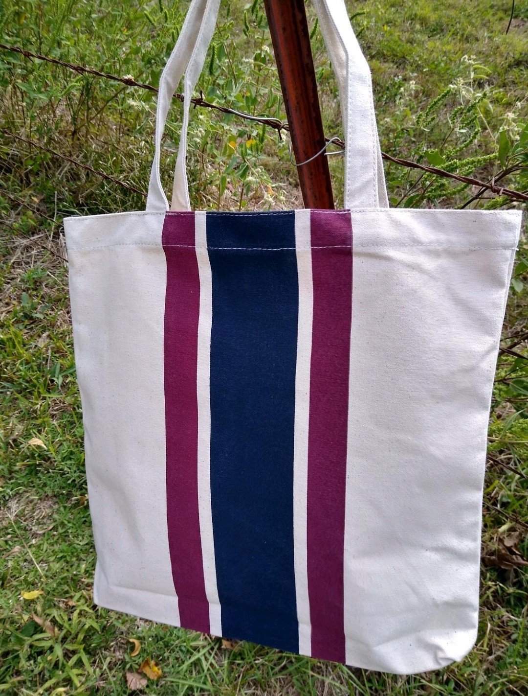 J.CREW Large 16” x 15” Canvas Burgundy & Blue Oar Striped Cotton Canvas Tote Bag