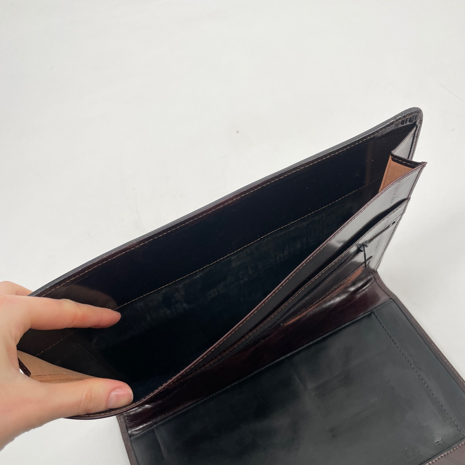 Bosca Dark Brown Leather Briefcase bag hand stained hide lock USA portfolio key