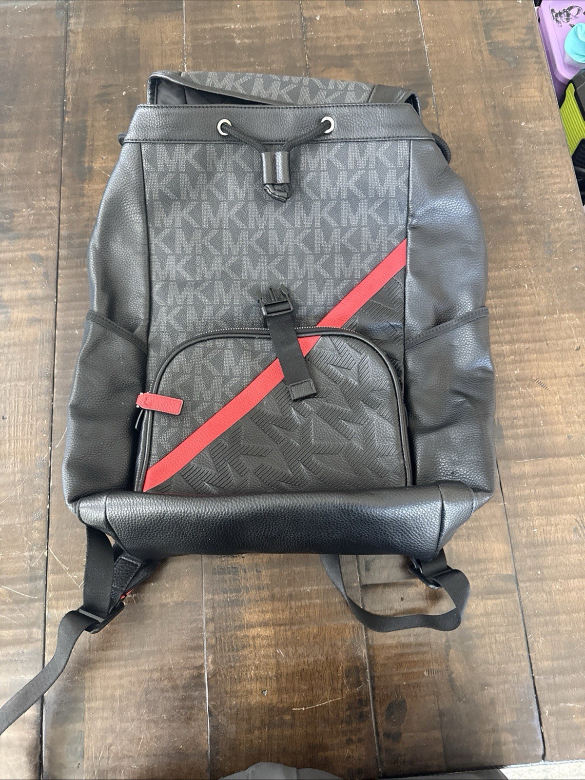 Rare Michael Kors Men’s Logo Backpack Black/Gray Red Stripe Pockets Hudson Nice