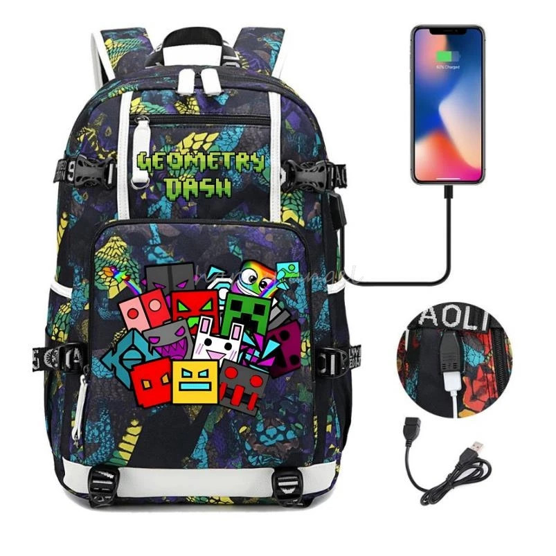Geometry* Dash Printing Backpack Usb Charge School Bag Student Bookbag Backpacks