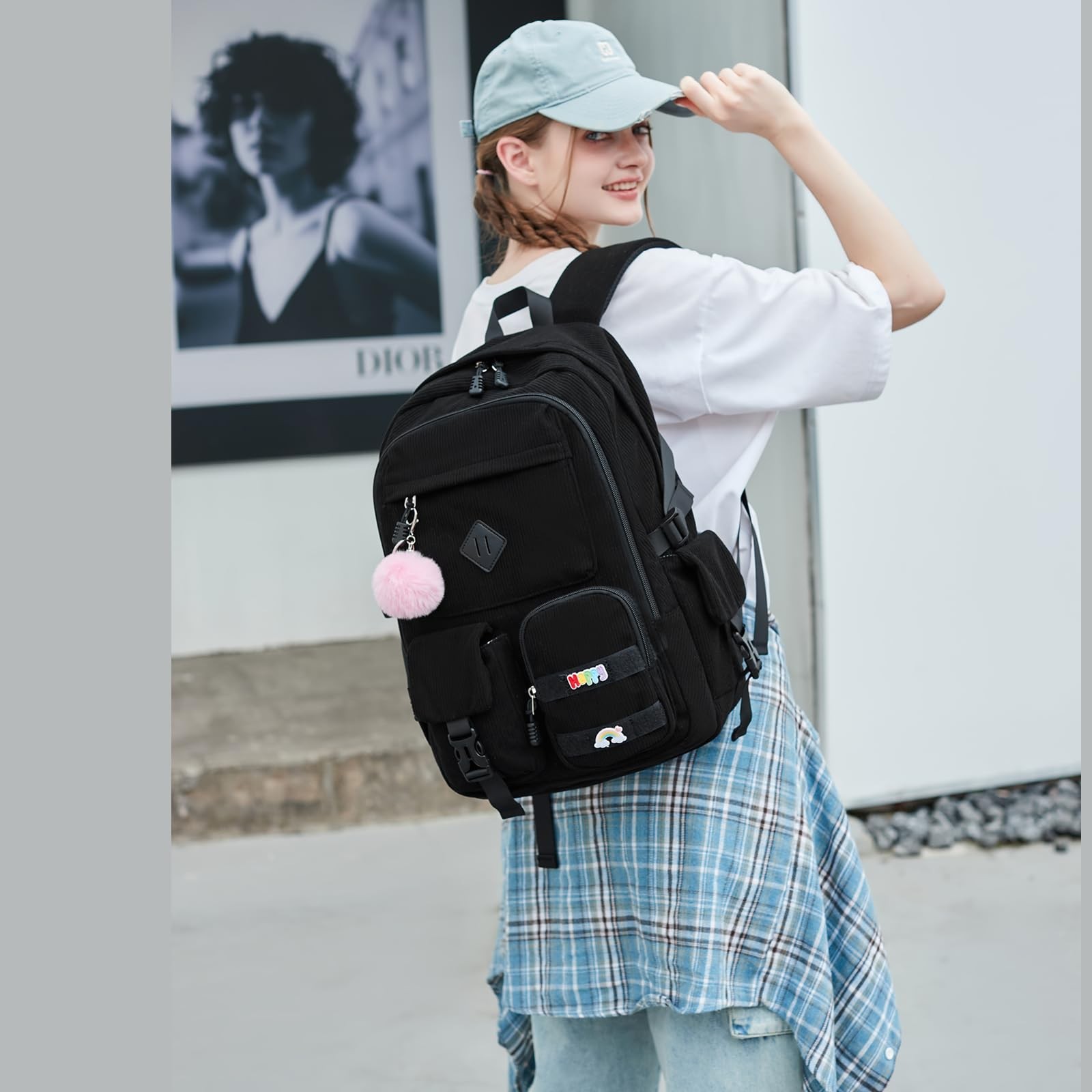 Corduroy Black Middle School 6th 7th Grade Cute Aesthetic Backpack For Girls