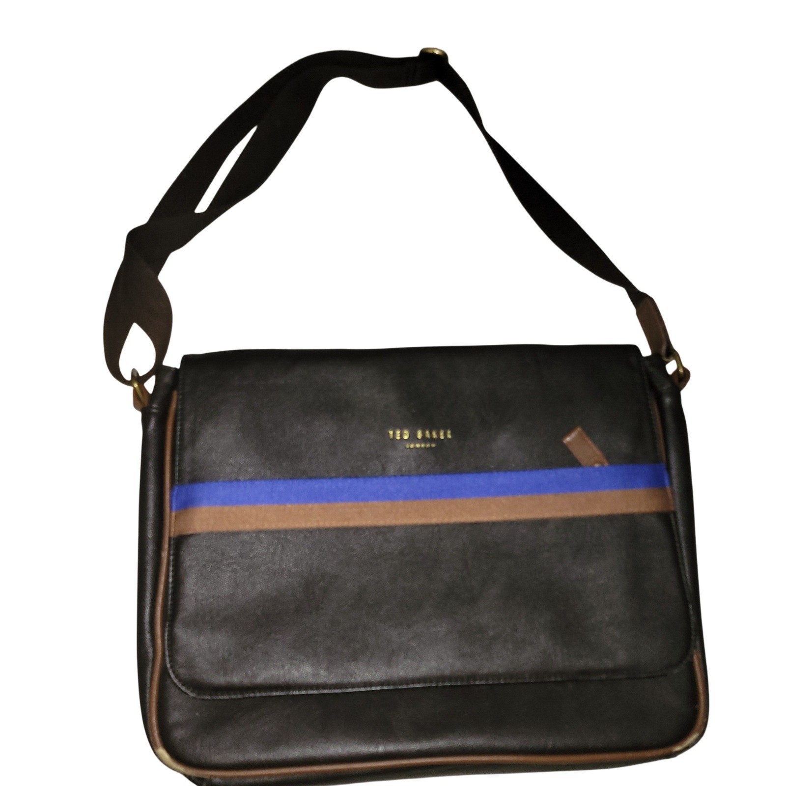 Ted Baker London Men Dark Brown Faux Leather Messenger Bag with Blue Tan Stripe