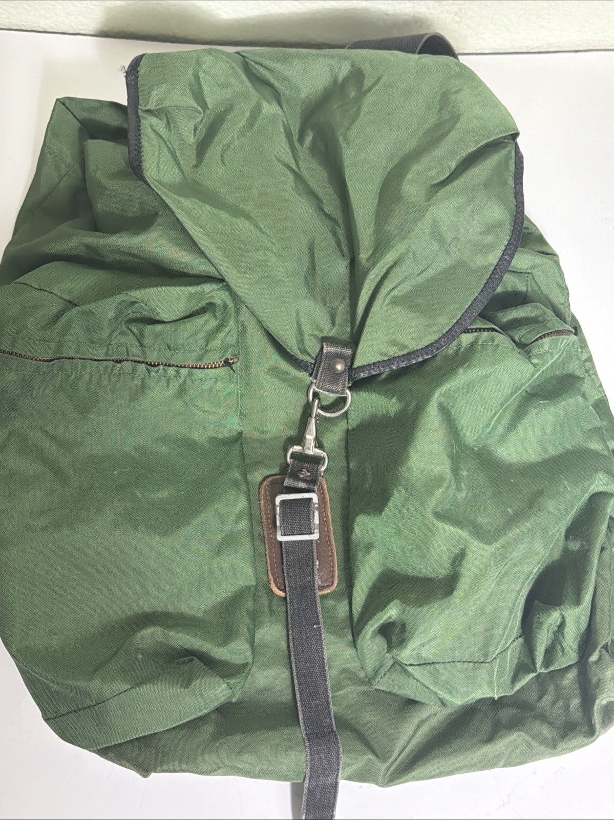 Vintage Small Green Hiking Rucksack Nylon Leather Cotton 16x16x4