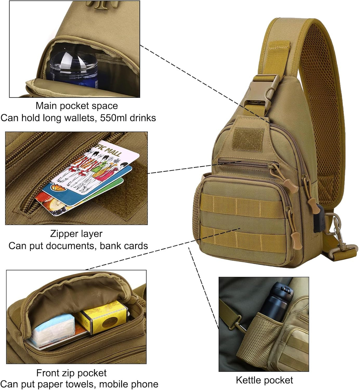 Tactical Crossbody Bag with Water Bottle Holder, MOLLE EDC Shoulder Sling Chest