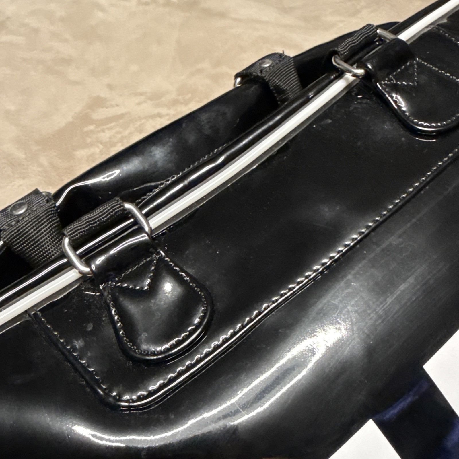 MINI Cooper Black Patent Duffel Bag Large 27” Weekender Red Lining Strap