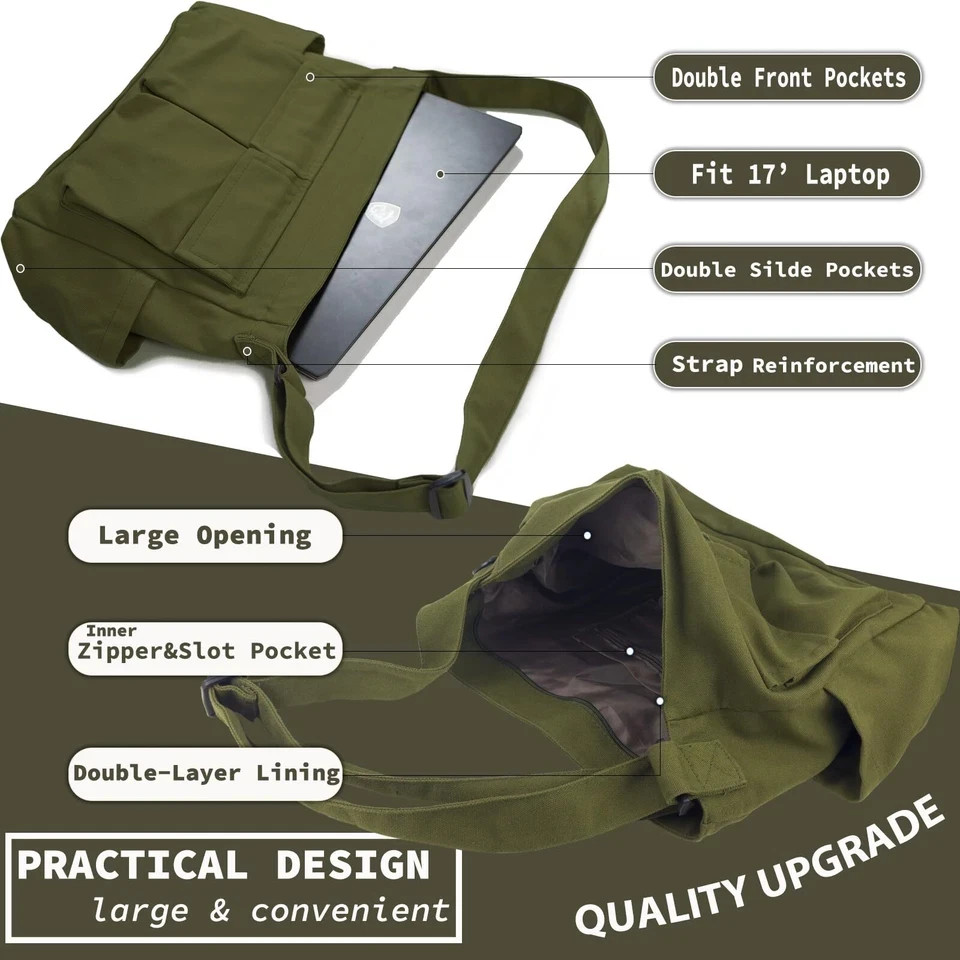 Canvas Messenger Bag Large Crossbody Bag with Multiple Pockets Casual Tote Bag