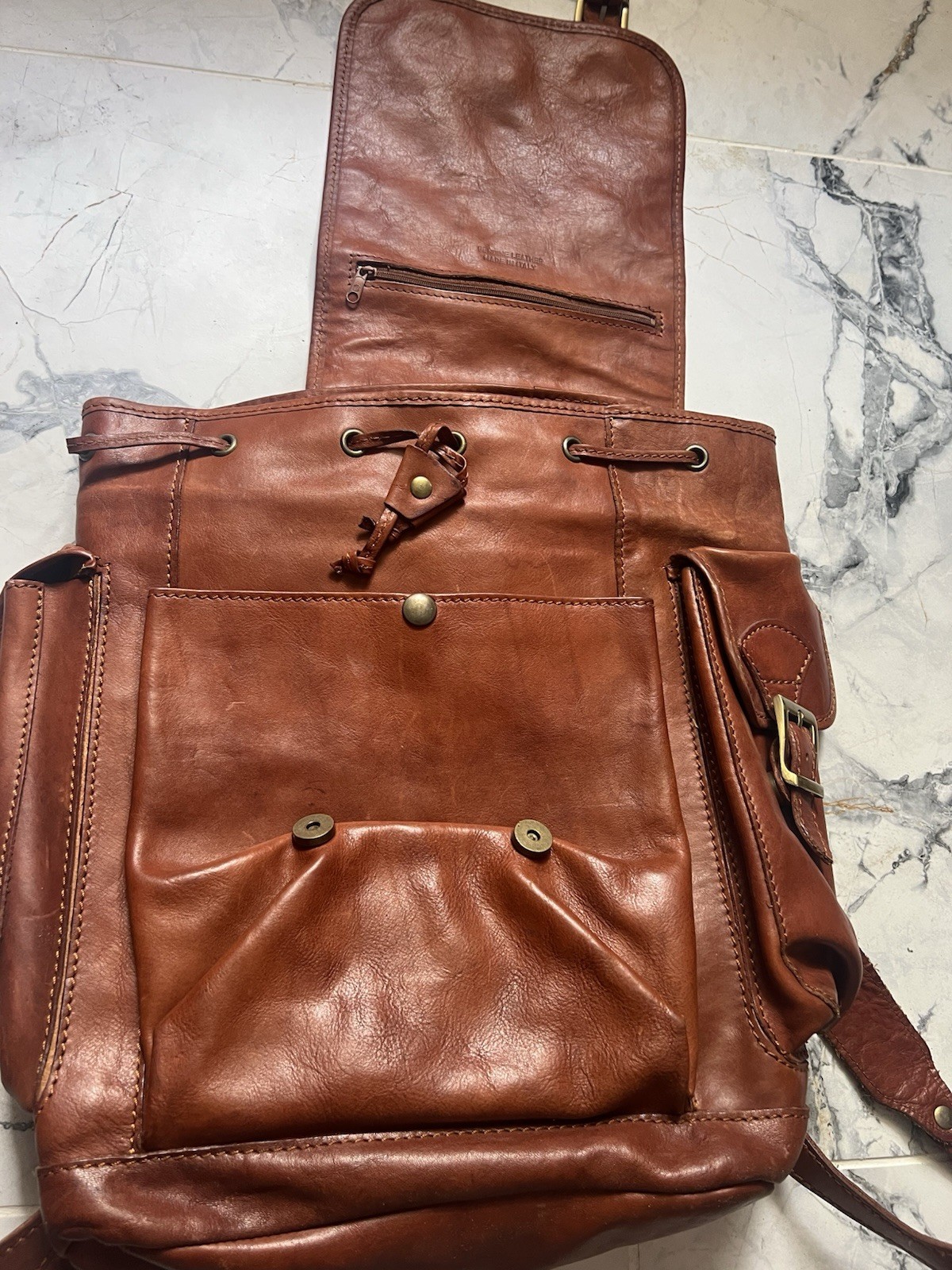 Cristina Rui Brown Backpack Buckle Drawstring Zip Inner Outer Pockets Men’s