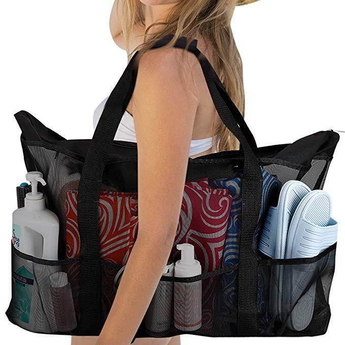 Extra Large Summer Beach Mesh Bag Picnic Tote w/Zipper N 8 Pockets XL 28″x15″x7″
