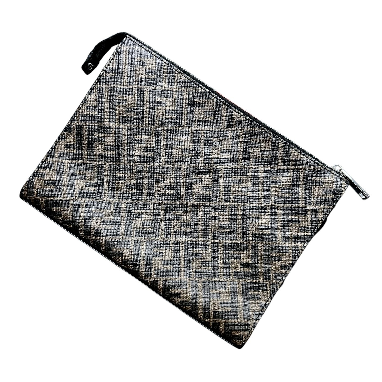 Fendi Diagonal Wrist Clutch Brown FF Zucca Logo Black Trim Luxury $1,250