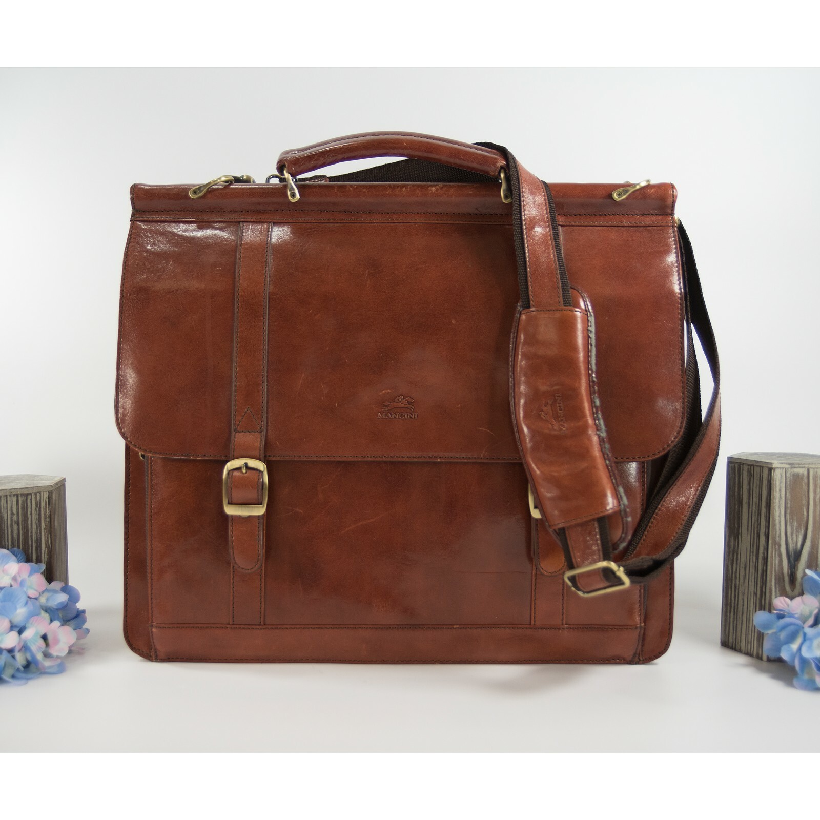 Mangini Cognac Vintage Leather Briefcase Messenger Crossbody Bag