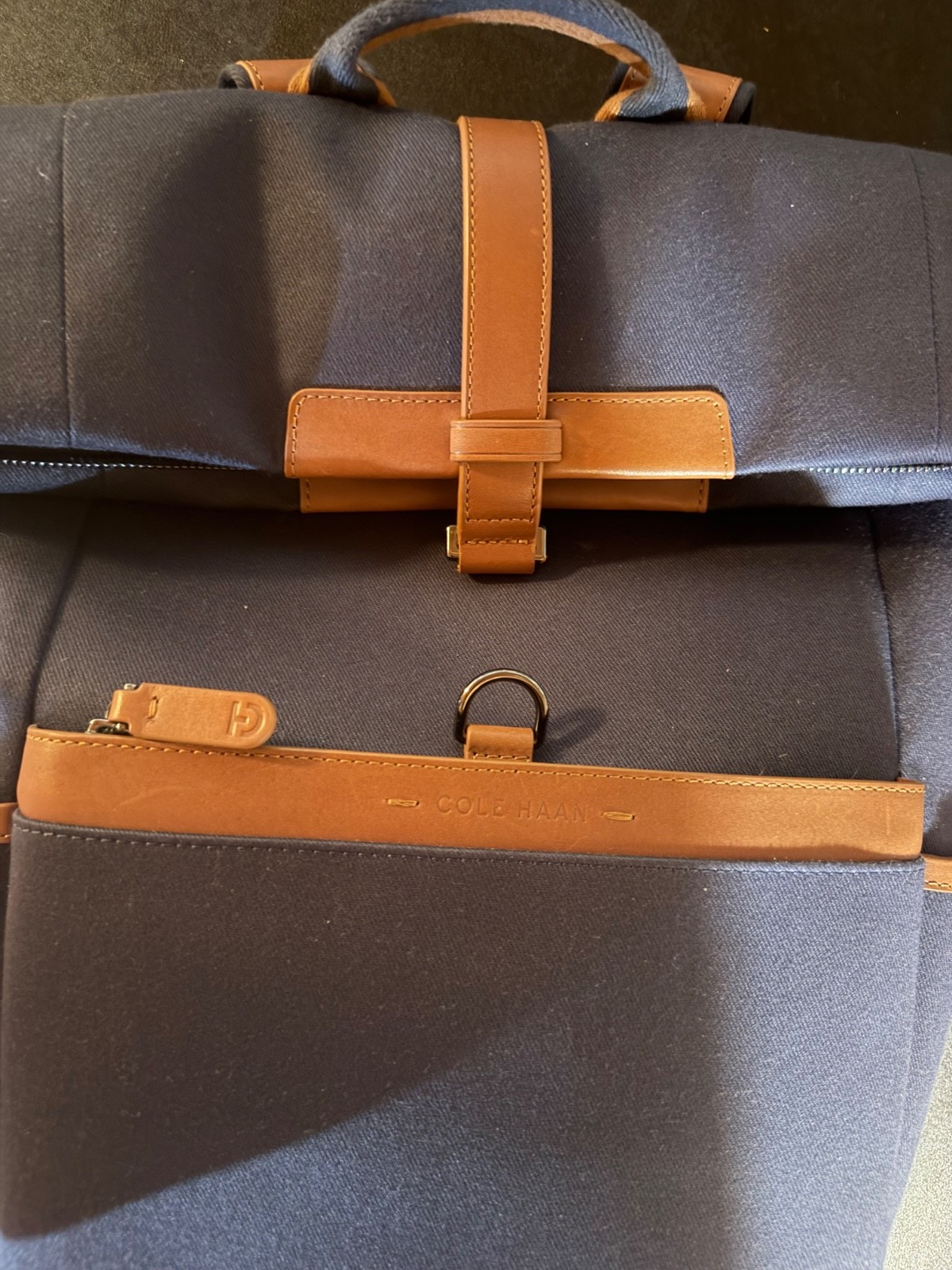 Cole Haan Navy Canvas Backpack with Cognac Leather Trim
