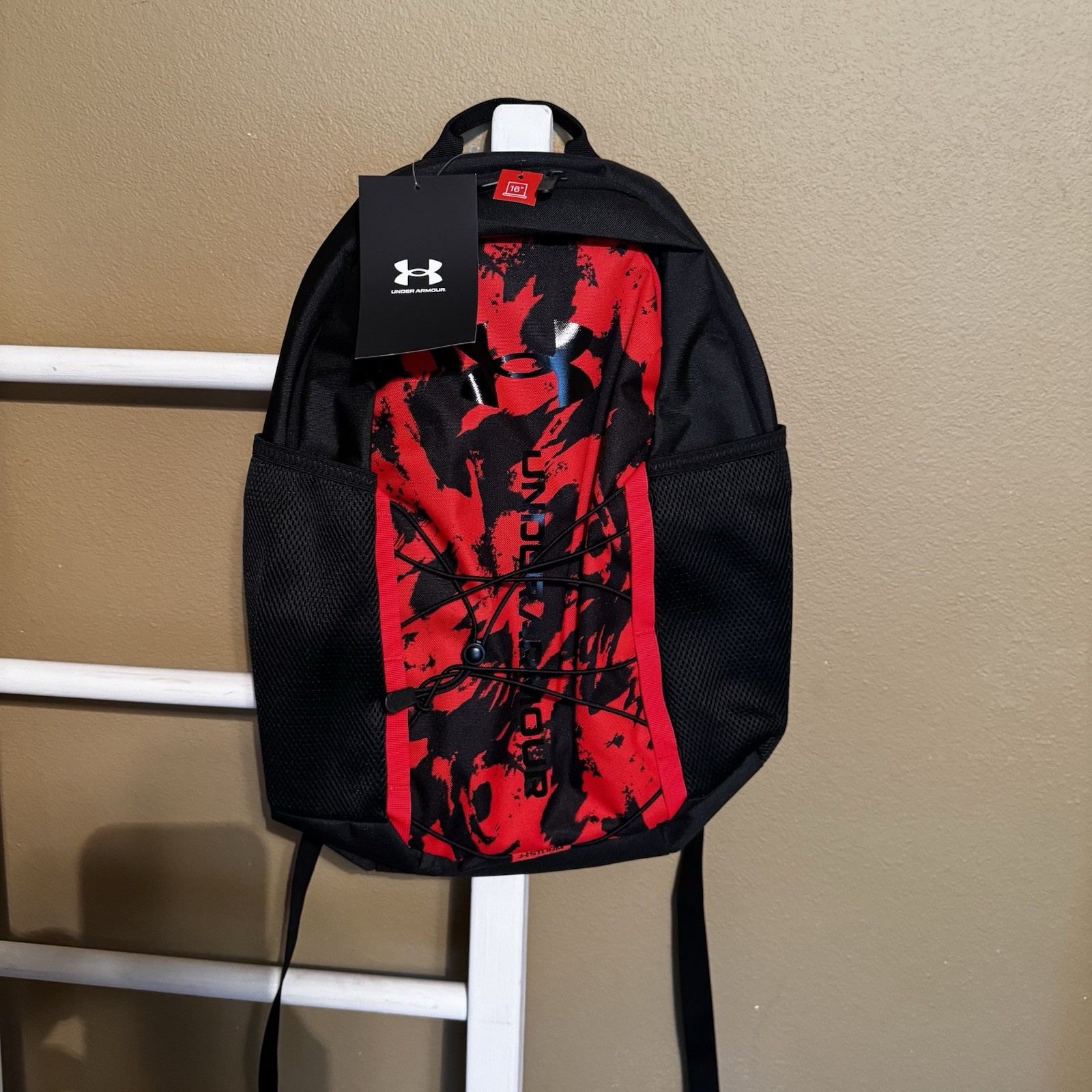 NWT Under Armour Hustle Lite 16” Backpack Red Black Camo Laptop School Gym Book
