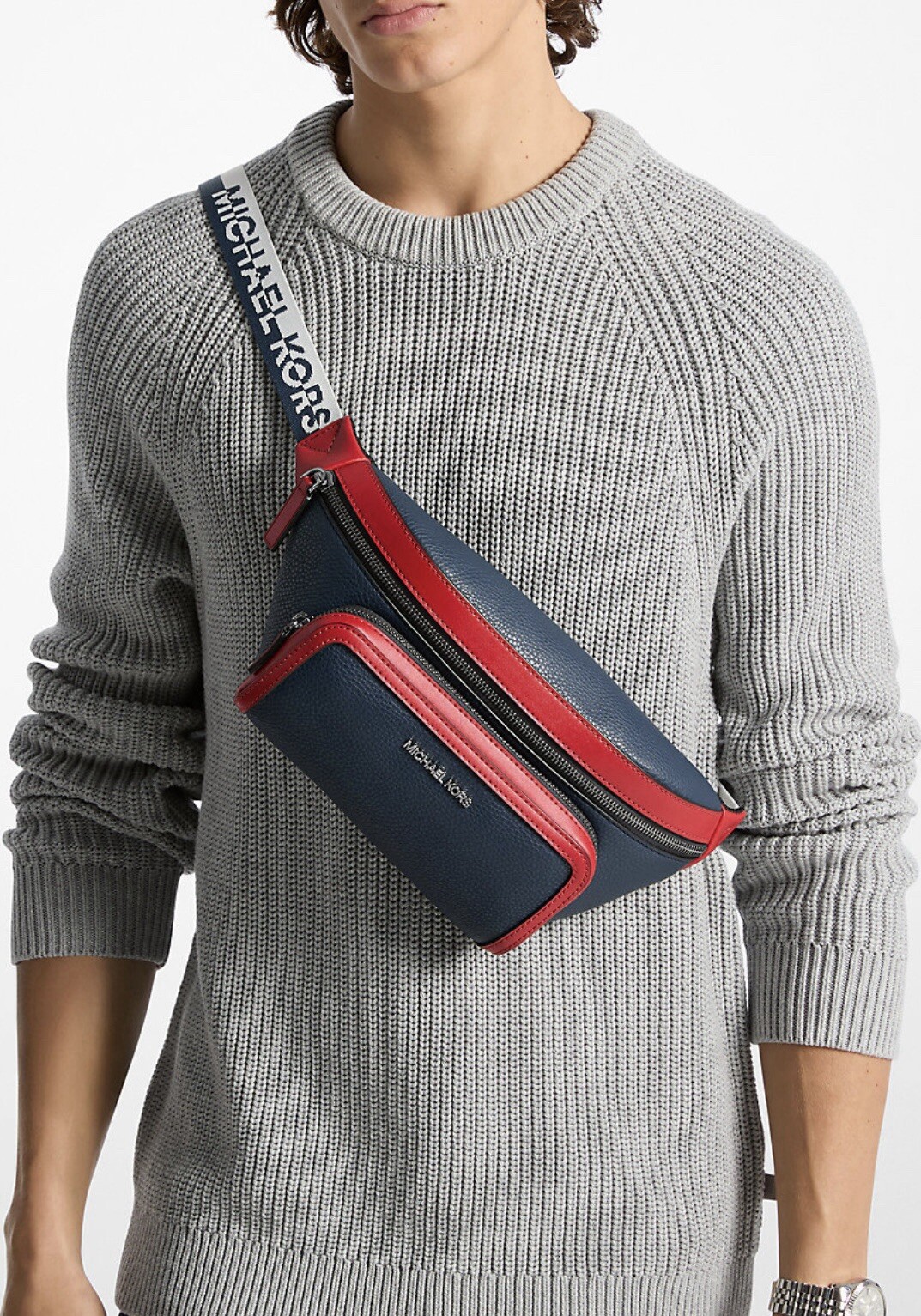 Michael Kors Cooper Two Tone Crossbody Sling Pack Belt Bag Navy Blue and Red