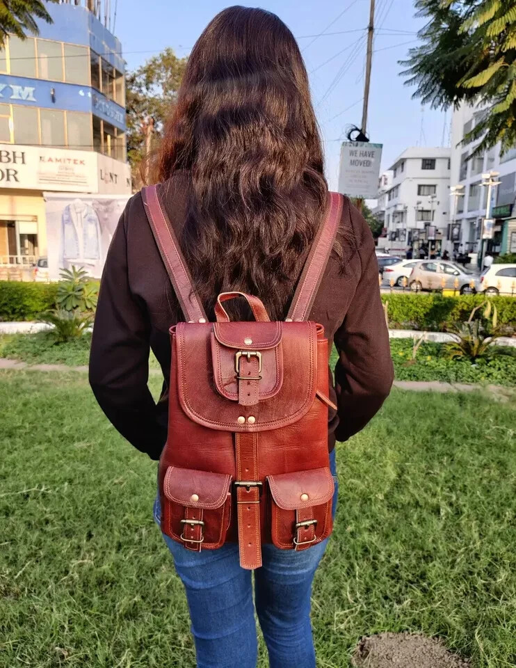 15″ Lambskin Leather Backpack Bag Men Vintage Laptop Rucksack Satchel Travel Ne