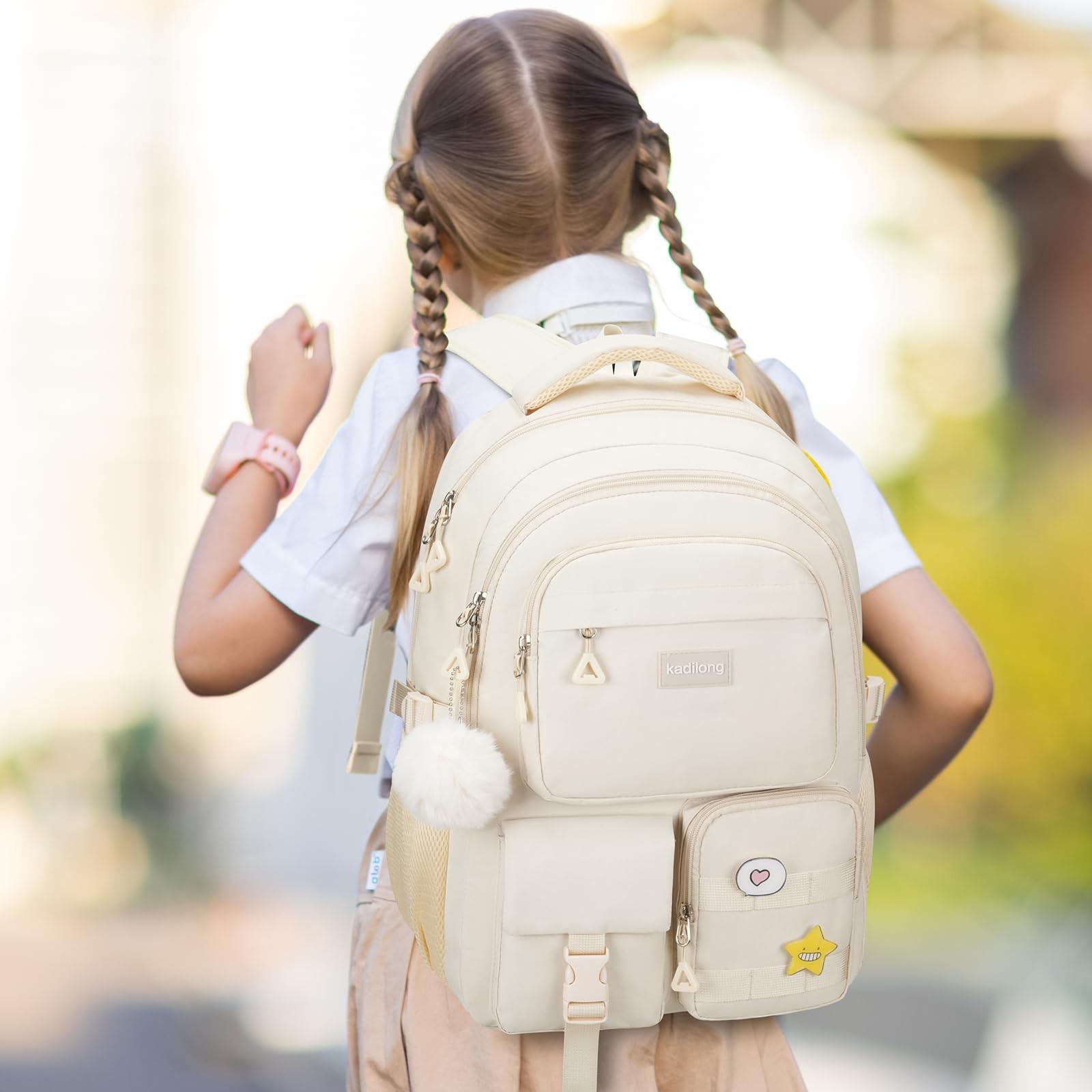 Cute Middle High School Bags Bookbag For Teen Girls Laptop Backpack Beige