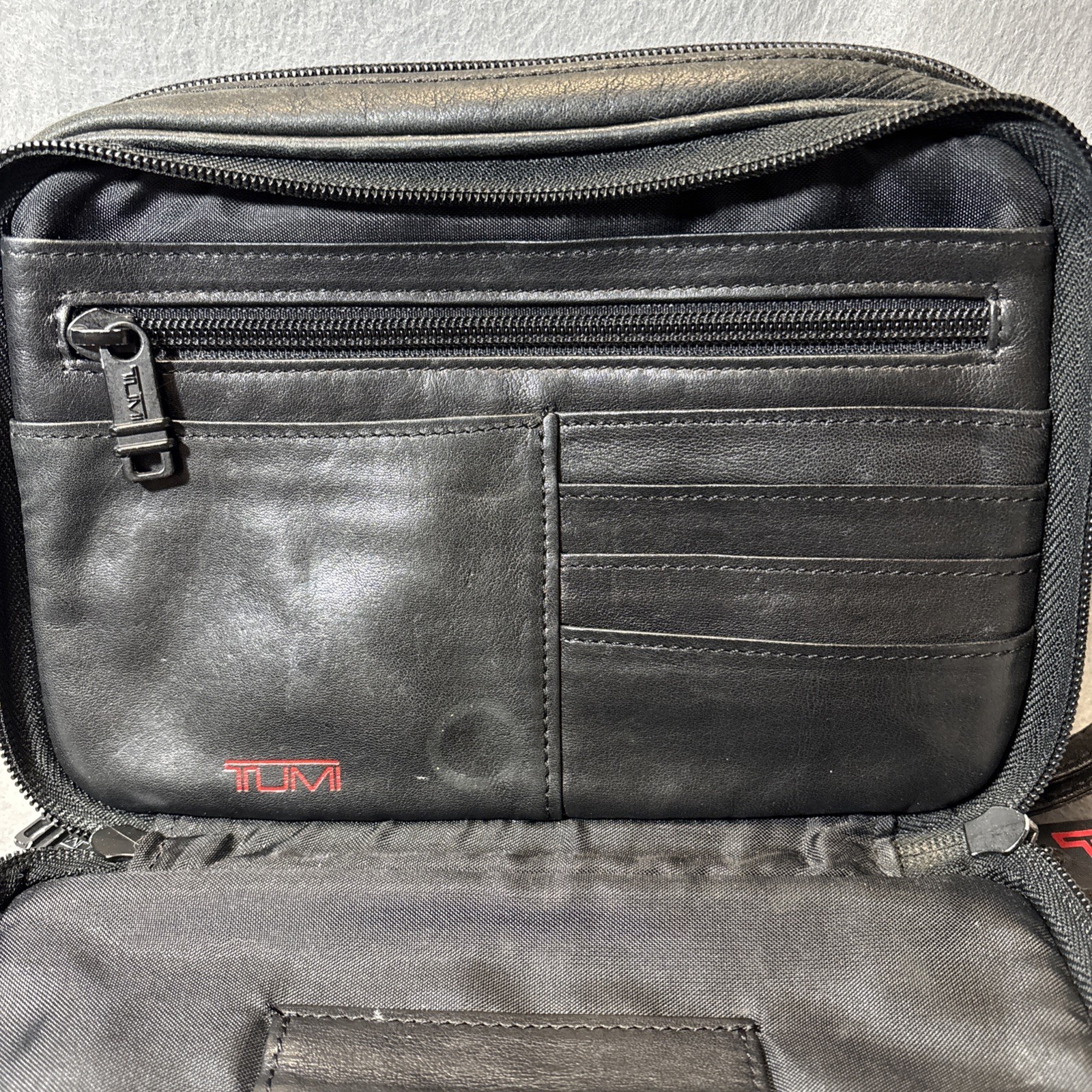 TUMI Second Bag Clutch Bag Leather Black Multi Pocket Japan W/ Charm Authentic