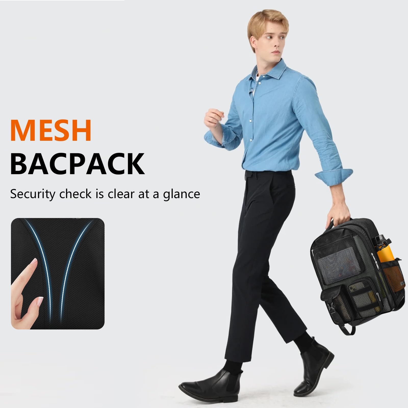 Mesh Backpack SemiTransparent Laptop Compartment Bungee Padded Strap Black