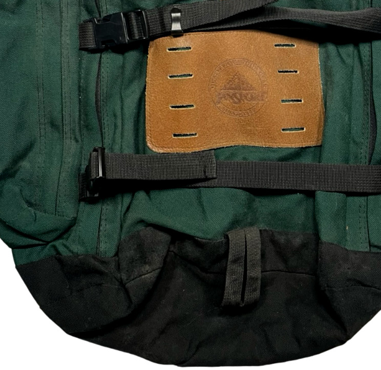 Vtg 90s JANSPORT x USA-MADE Green LEATHER-PATCH BACKPACK Outdoor Hike Gear Bag