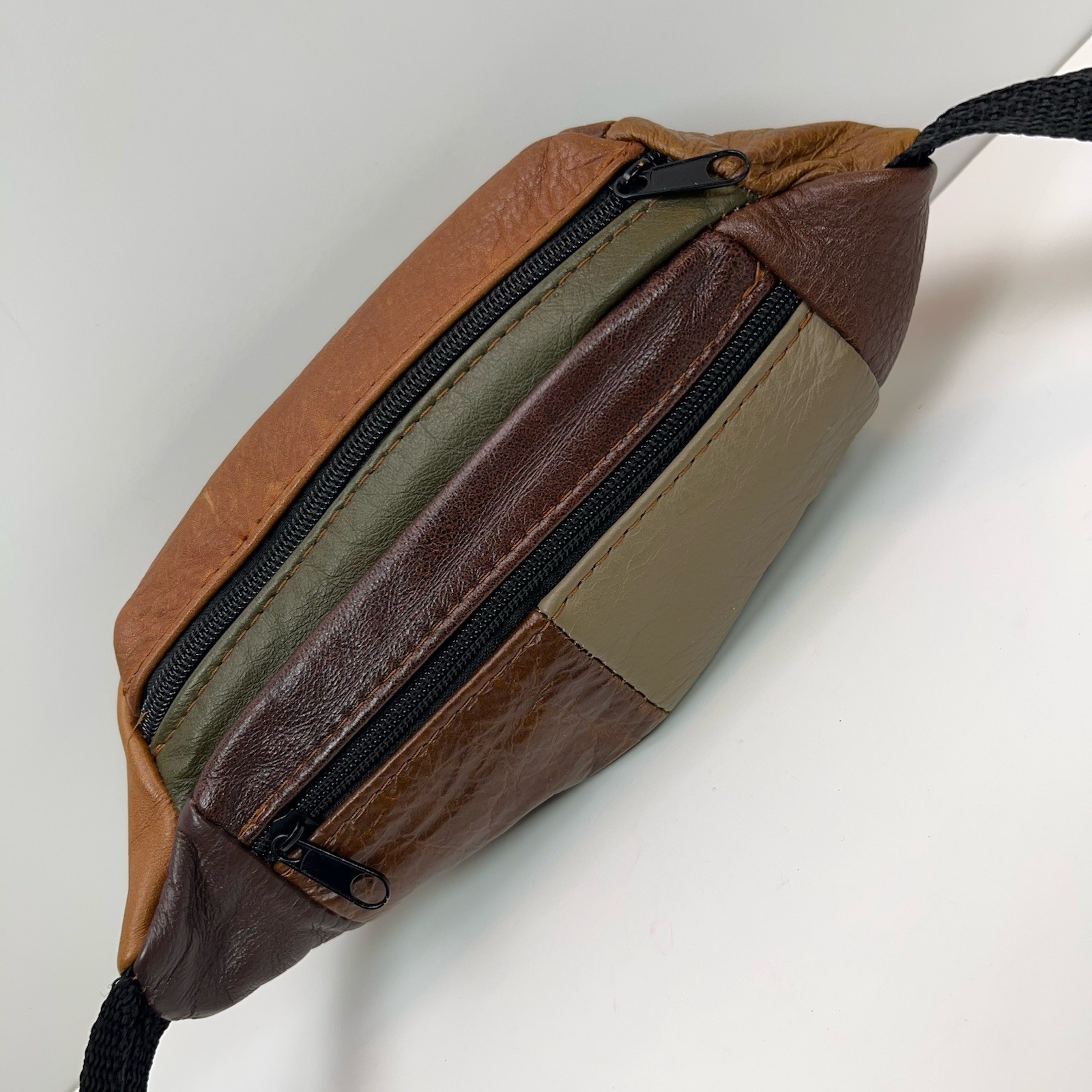 Vtg LEATHER Fanny Pack 90s Suede Patchwork Brown Waist Bag Straps Multi Pockets