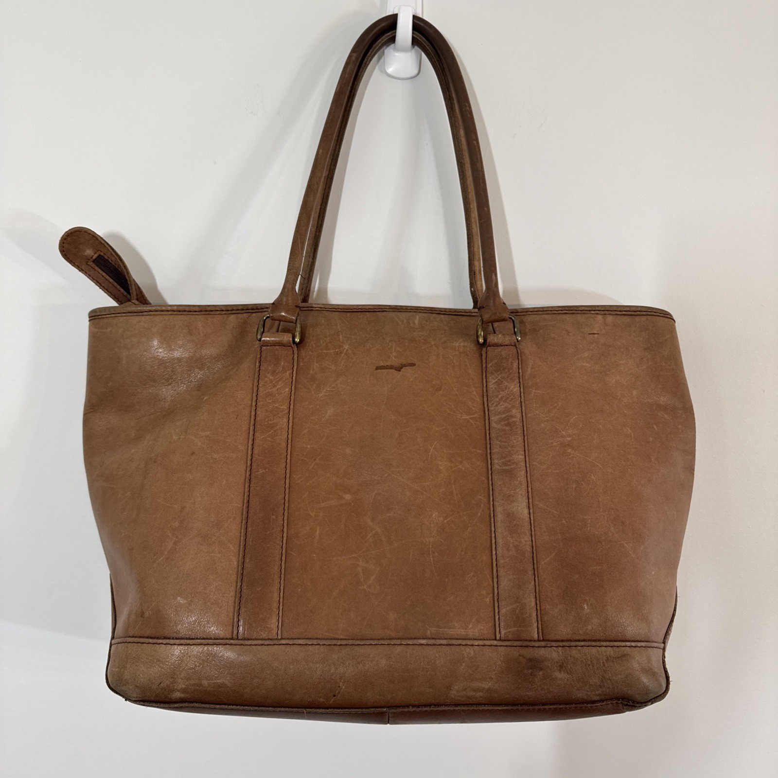 Vintage LL Bean Large Brown Leather Carryall Tote Bag Animal Print Lining
