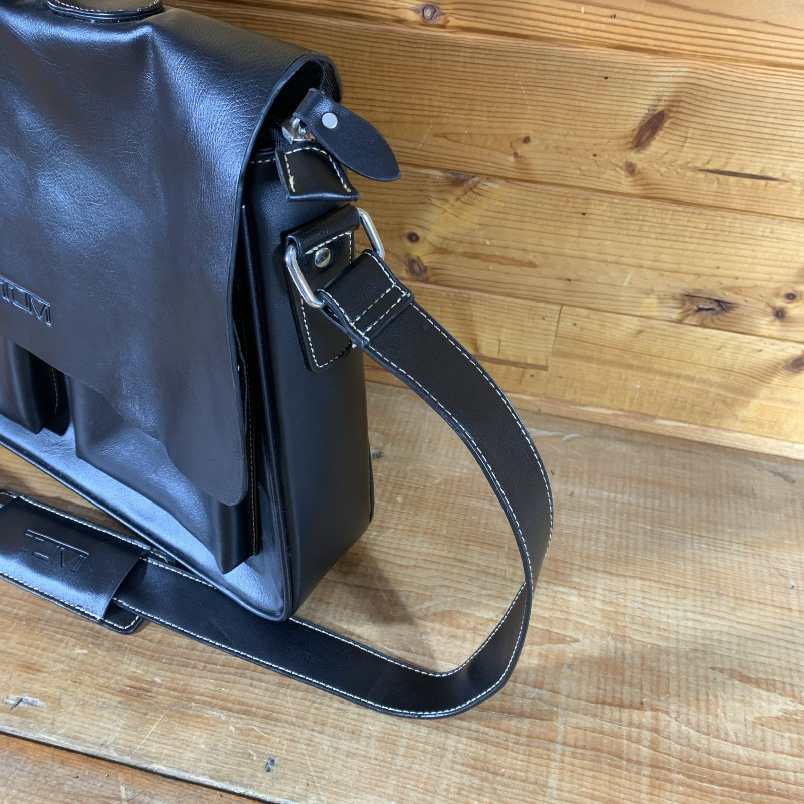 Tumi Messenger Bag, Black Leather Contrast Stitch, Leather Strap, Missing Latch