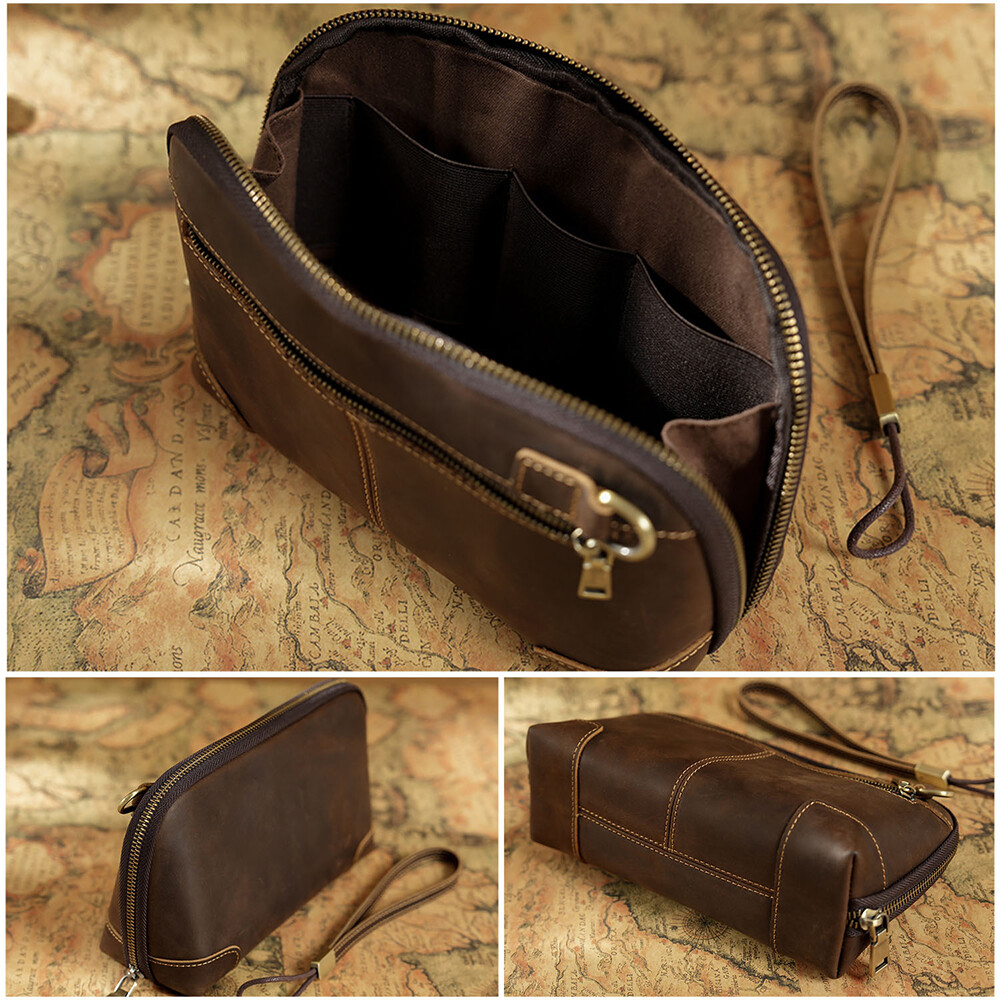Genuine Leather Men Clutch Bag Earphone Charger Data Cable Storage Pouch Handbag