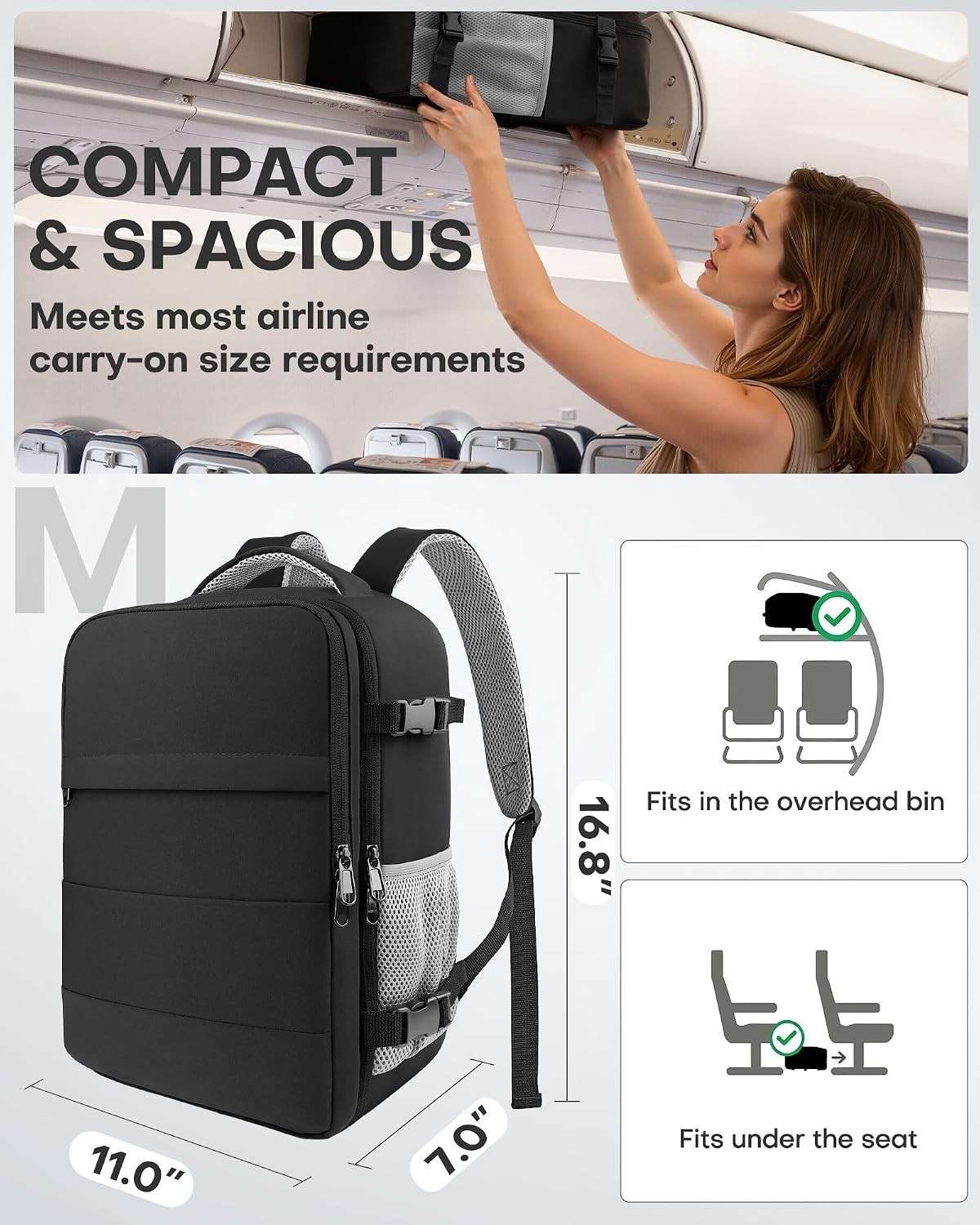 Water-Resistant Medium Black Travel Backpack | 6 Pockets & Adjustable Straps