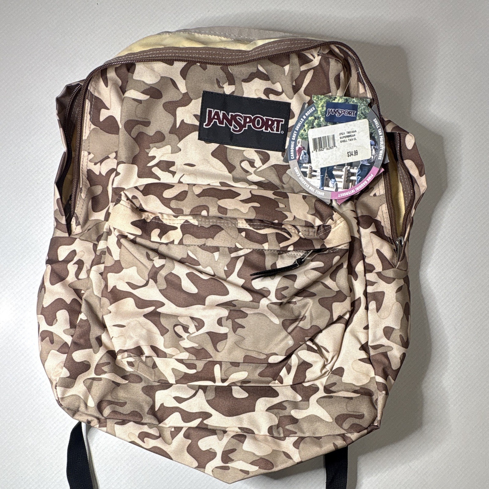 JanSport SuperBreak Backpack Tan Classic Camo 25L Zip Closure Padded Straps