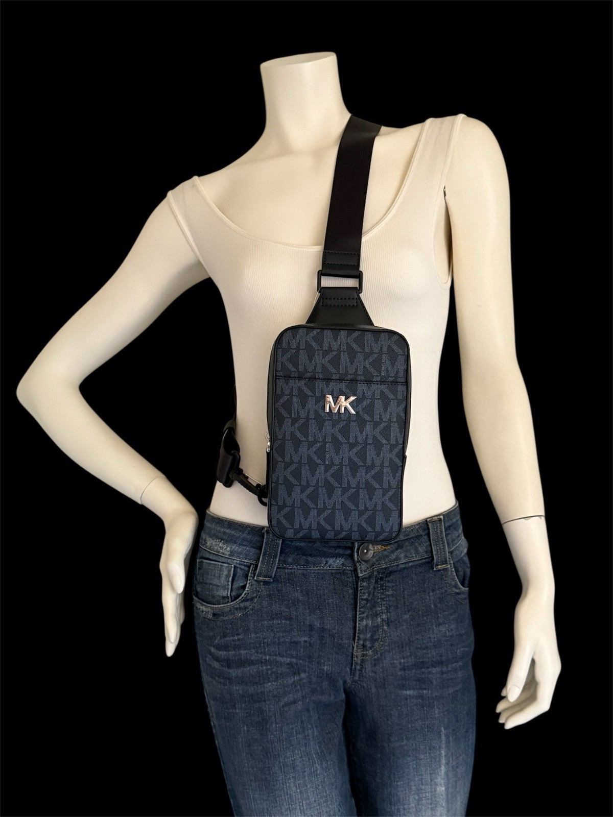 NWT Michael Kors Everett Blue Canvas Leather Adjustable Strap Unisex Sling Bag