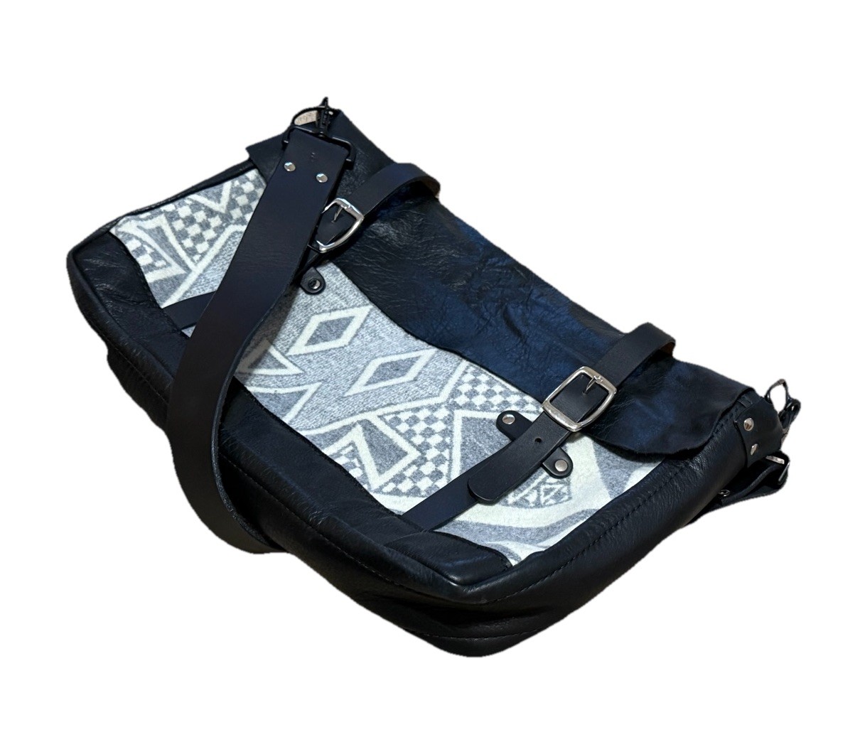 Mens Large Leather & Wool Messenger Bag Crossbody Briefcase Travel Gray Black