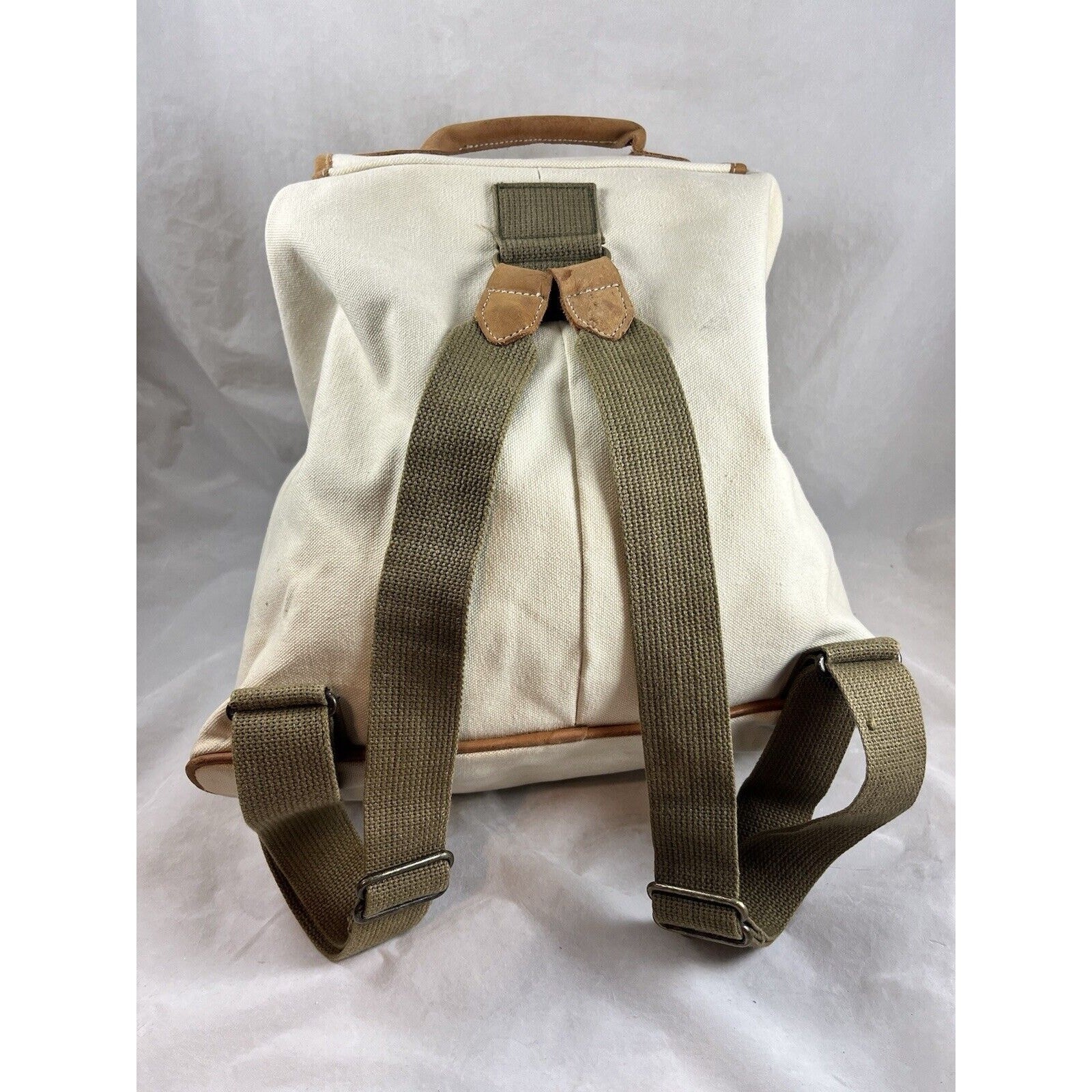 GH Bass Canvas Backpack Rucksack Drawstring Closure Bucket Style Leather Trim