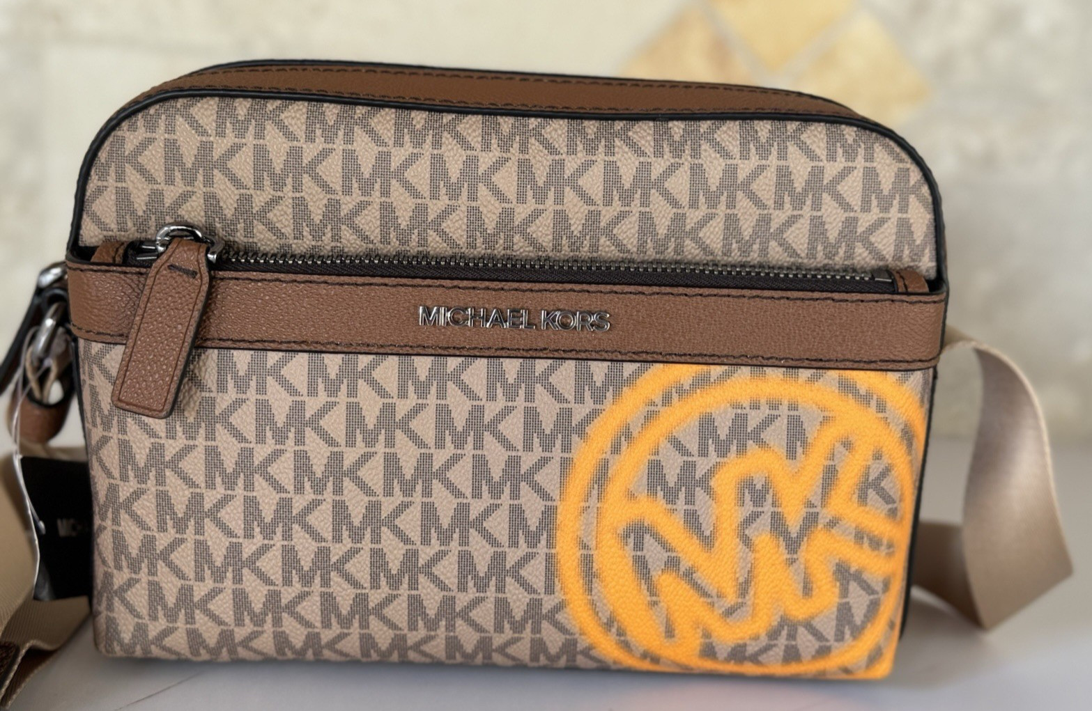 Michael Kors Cooper Utility Crossbody Flight Bag MK Brown/Pop Orange