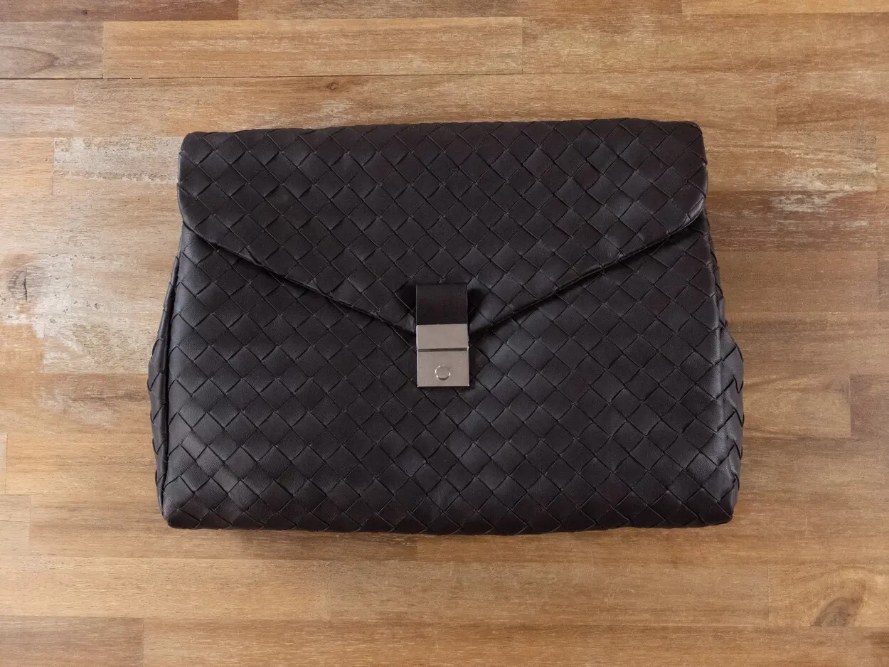(NO CUSTOMS TAX) BOTTEGA VENETA brown intrecciato leather briefcase document bag