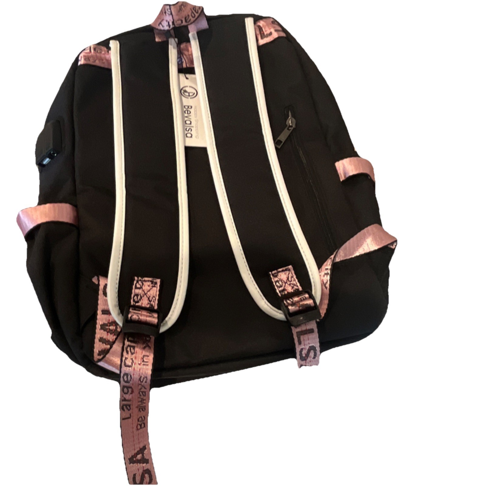 Bevalsa Black White Pink Backpack with USB Port, Audio Pocket, Adjustable Straps