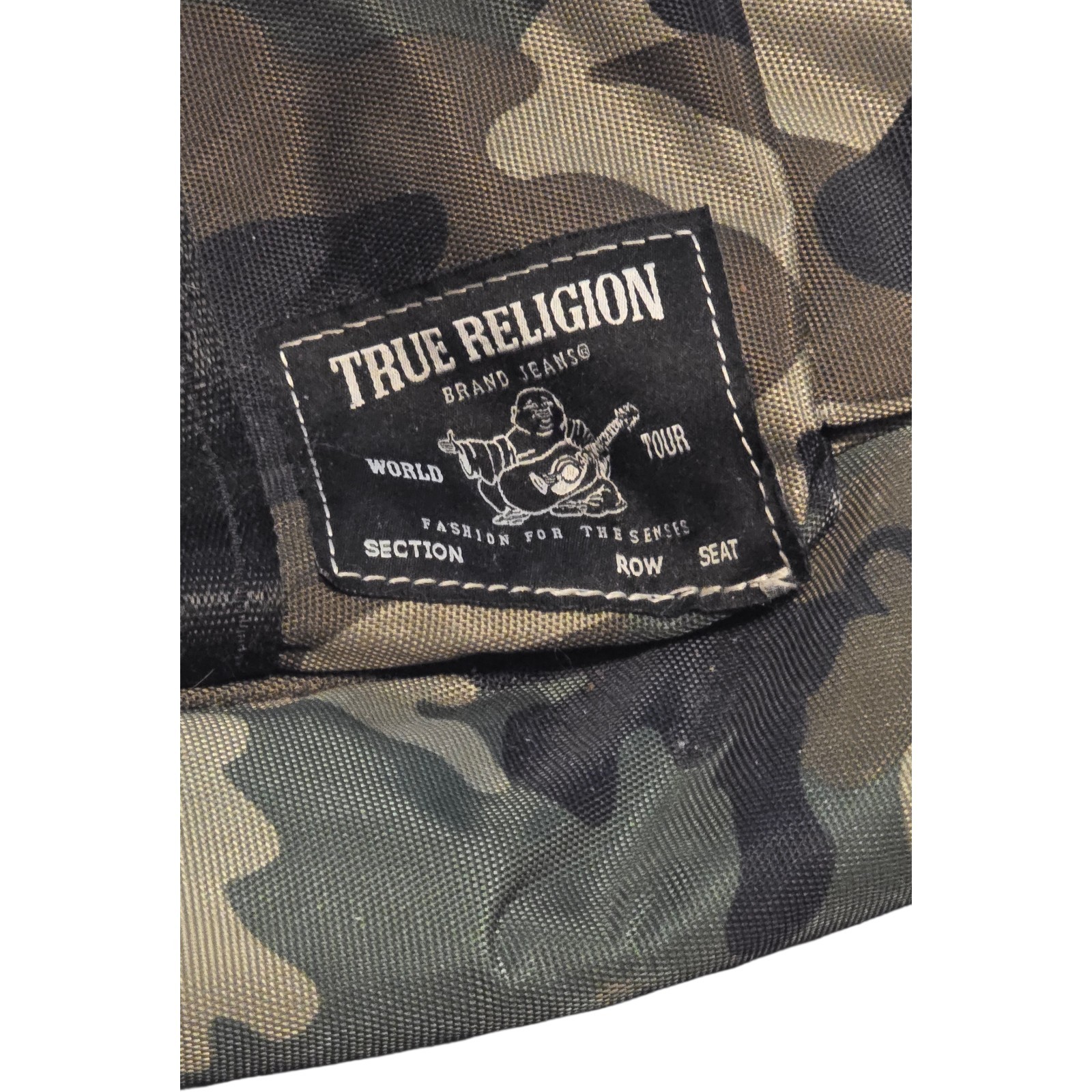 True Religion World Tour Camo Backpack Y2K Buddha Drawstring Padded Bag