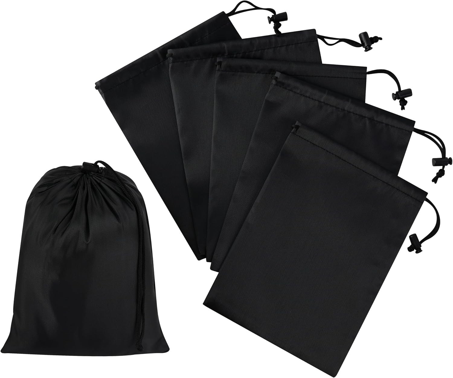 6 Set Drawstring Bag With Toggle Nylon Cinch & Ditty Pouch Black 7 X 9 Inch