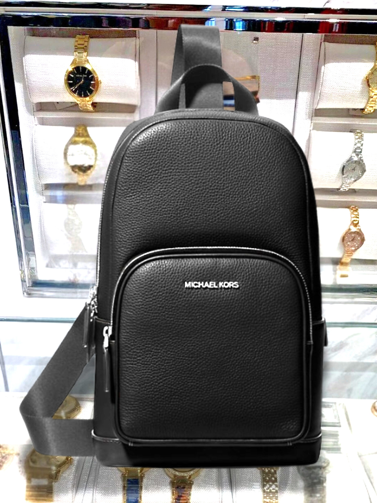 Michael Kors Cooper Men Black Leather Travel Sling Pack Crossbody Shoulder Bag