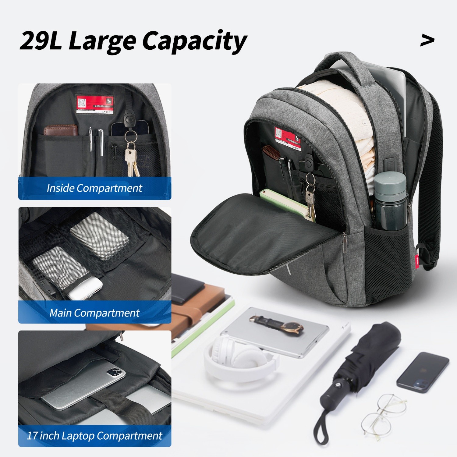 OIWAS 17″ Laptop Backpack For Men Women 29L Work Travel Bag School Book Bag Gray