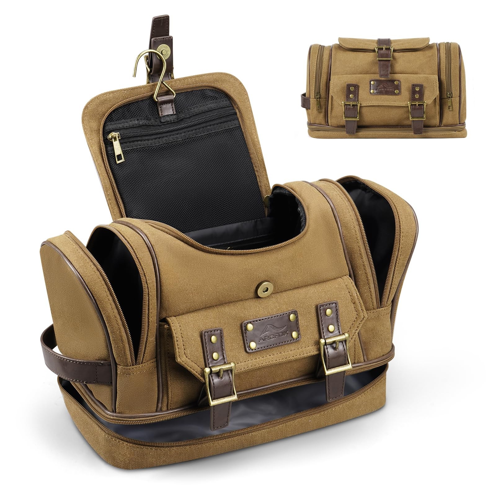 ARCFOX Travel Hanging Toiletry Bag for Men, Vintage Canvas Large brown