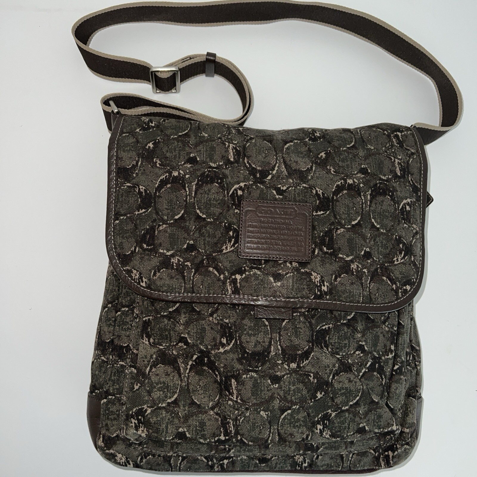 New COACH Heritage Web Green Brown Canvas Logo Leather Messenger Bag #F70627 U2