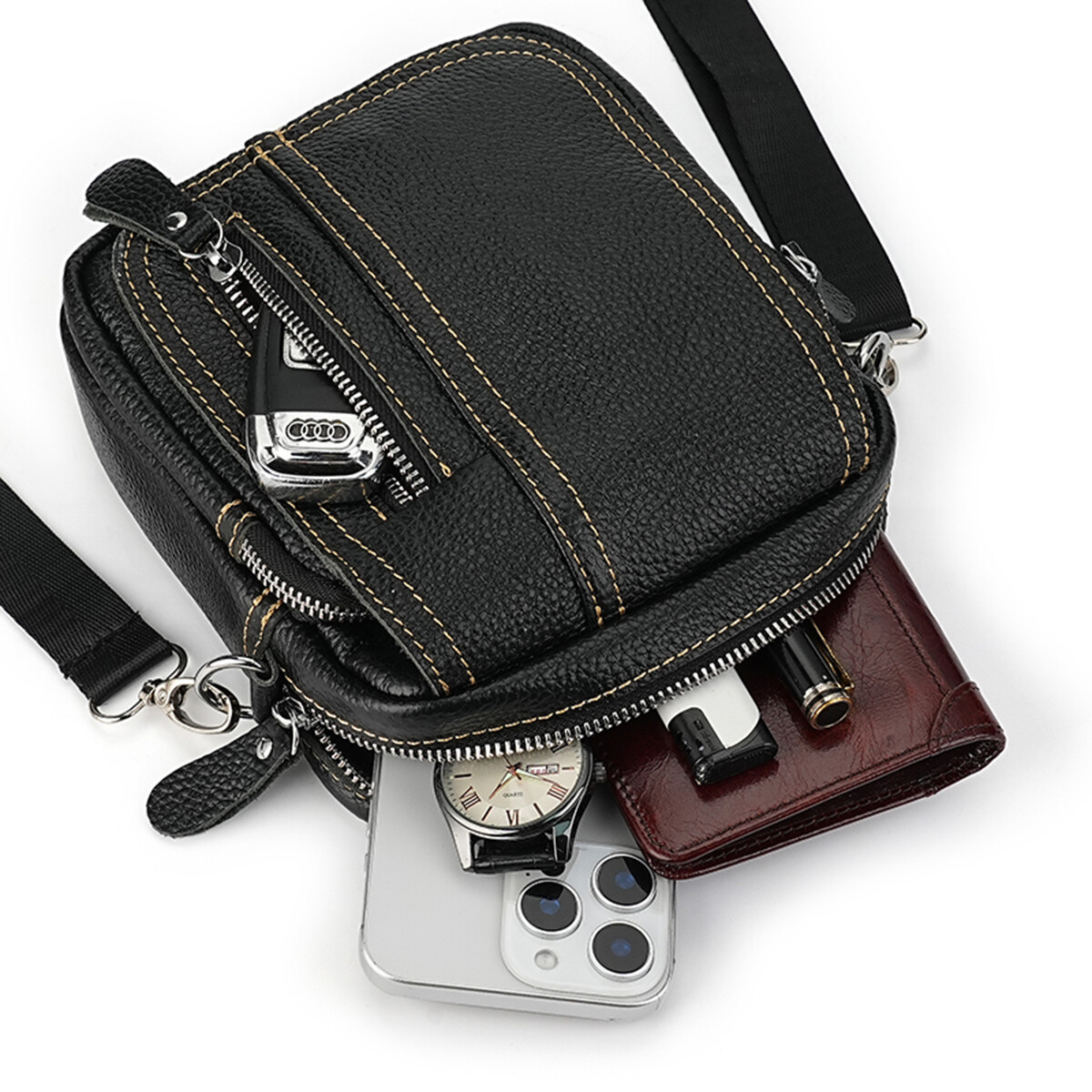 Mens Genuine Leather Mini Messenger Cross Body Handbag Shoulder Bag Large Purse