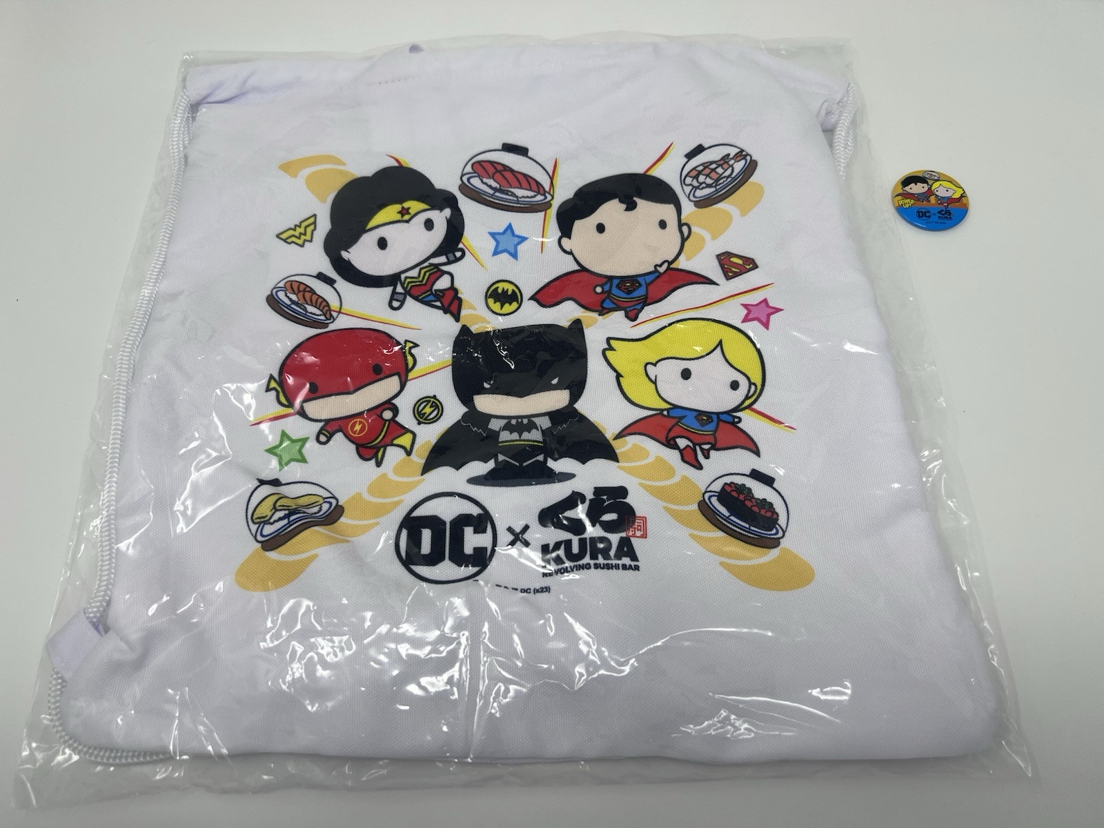 Kura Sushi / DC Comics Tote Backpack BATMAN SUPERMAN WONDER WOMAN Plus PIN BONUS