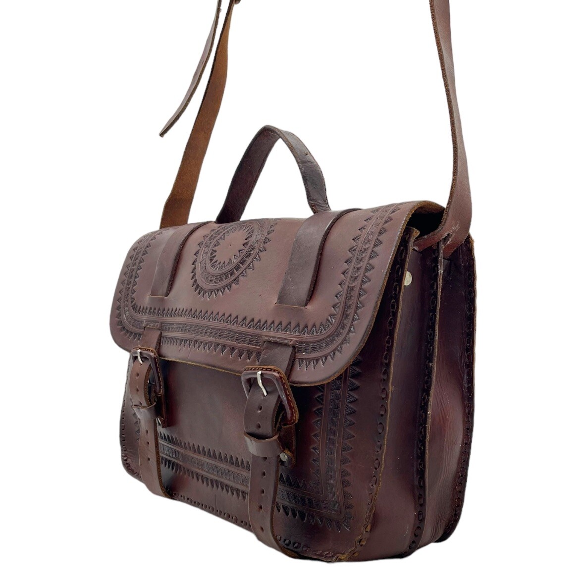 Vintage 70s Large Handmade Tooled Leather Messenger Bag Crossbody Laptop Travel