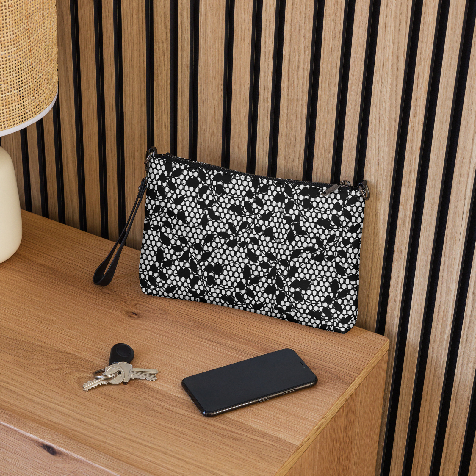 Womens Wristlet Black White Seamless Floral Lace Print Crossbody Shoulder Bag