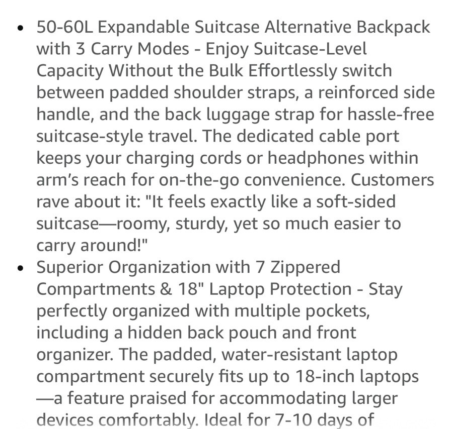 Travel Laptop Backpack, 50-60L Large Expandable Suitcase-Style Backpack New