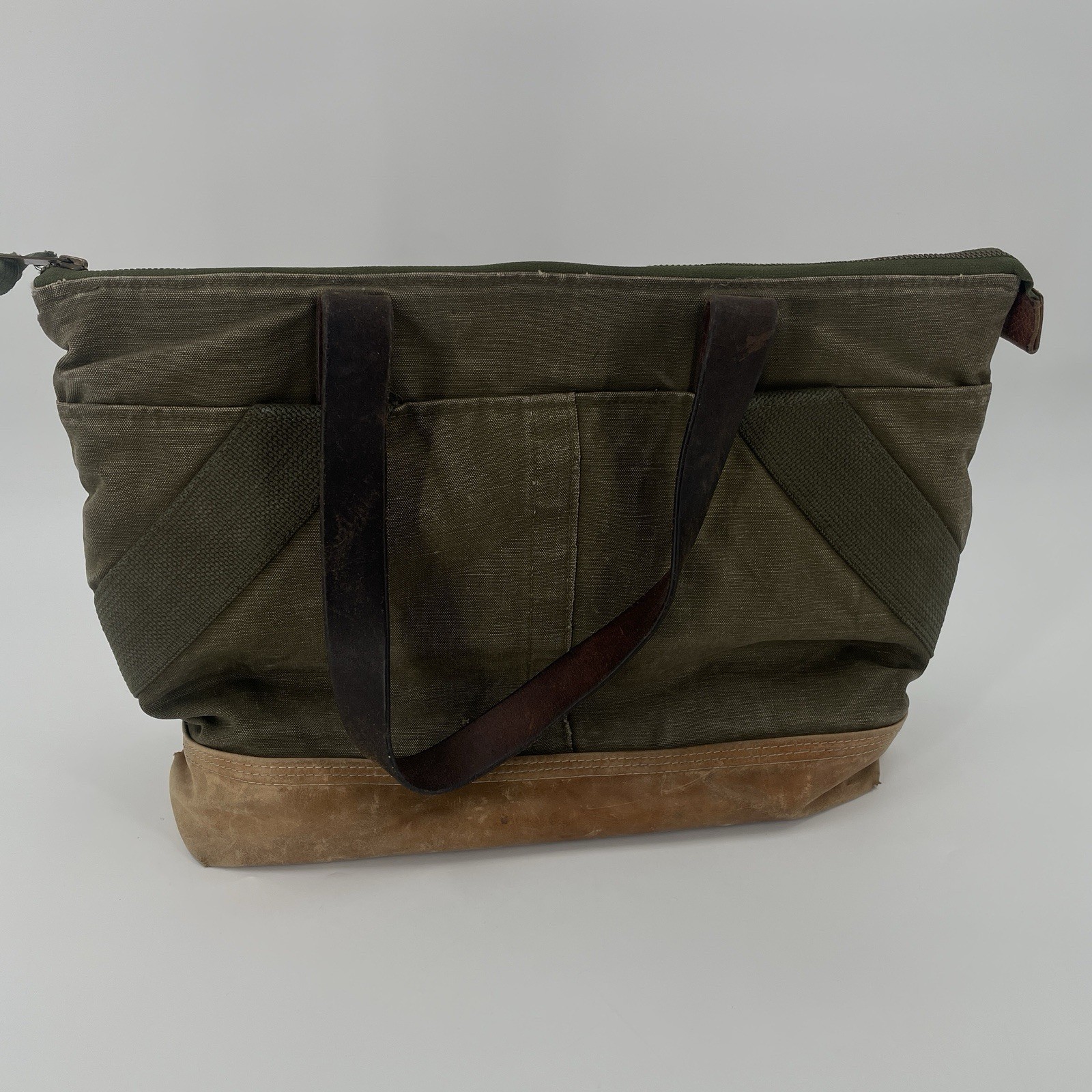 Atelier de L’Armee Green Canvas Brown Leather Tote Bag – Distressed