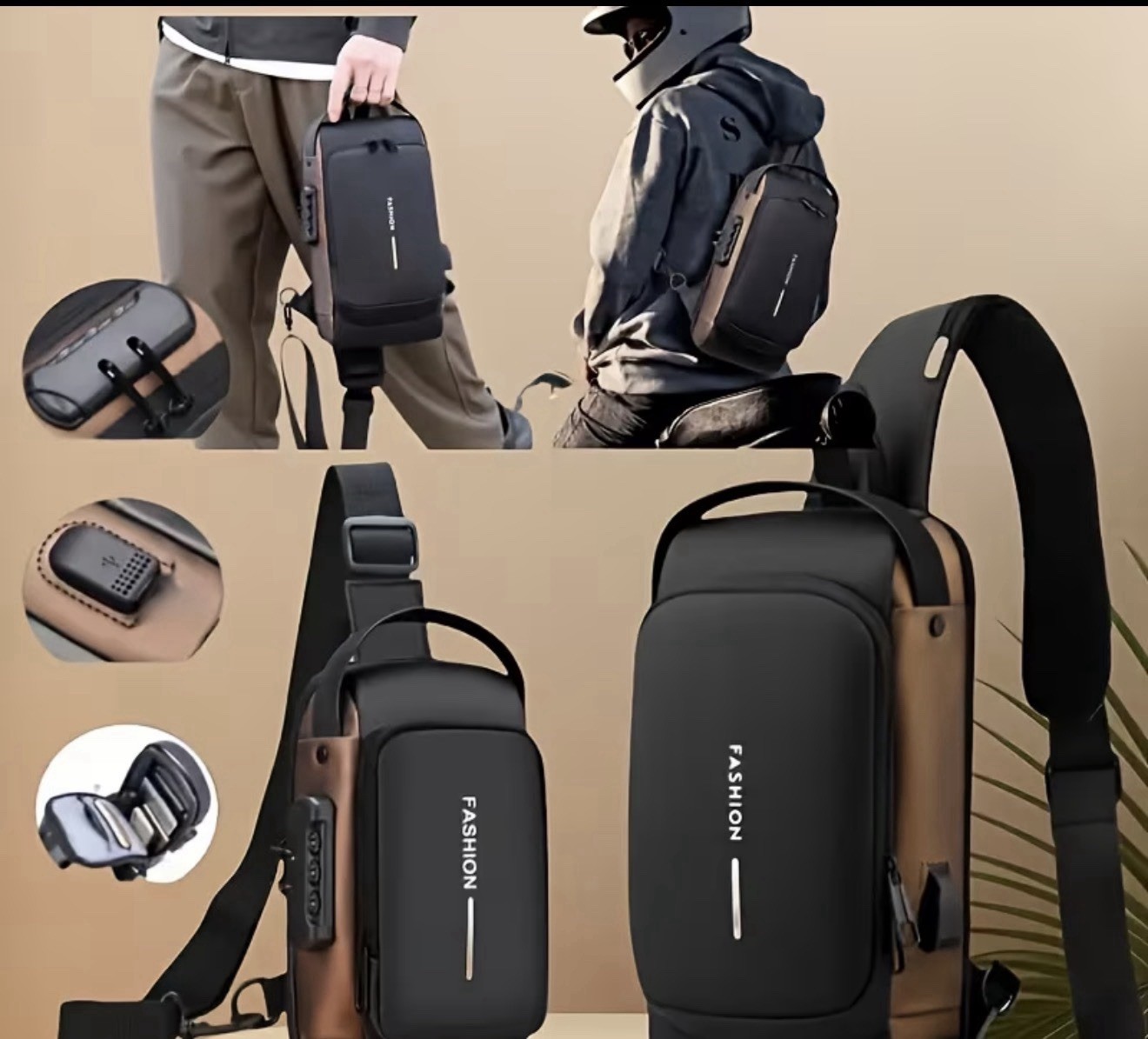 Anti-thef Chest Bag Zip Solid Black/Brown w/ power bank
